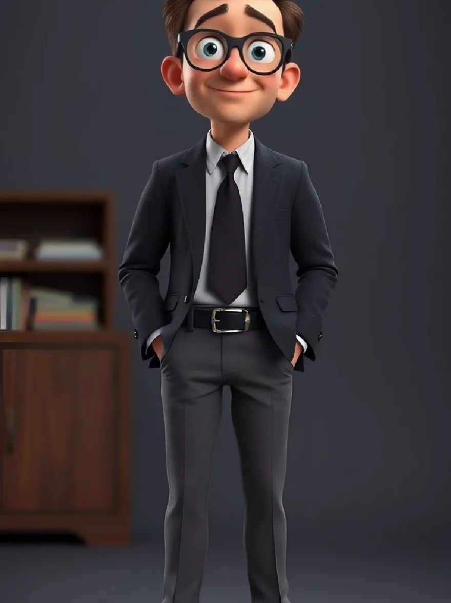 Русский промпт: 3D-рендеринг персонажа мультфильма с дружелюбным выражением, в черном костюме, белой рубашке, черном галстуке и очках с черной рамкой. У него короткие каштановые волосы, и он стоит с руками в карманах. Он носит черно -белые кроссовки. Фон - простая серая стена с деревянным шкафом. Персонаж отображается в реалистичном стиле с гладким затенением и подробными текстурами. | Original prompt: A 3D rendering of a cartoon character with a friendly expression, wearing a black suit, white shirt, black tie, and black-framed glasses. He has short brown hair and is standing with his hands in his pockets. He is wearing black and white sneakers. The background is a simple gray wall with a wooden cabinet. The character is rendered in a realistic style with smooth shading and detailed textures.