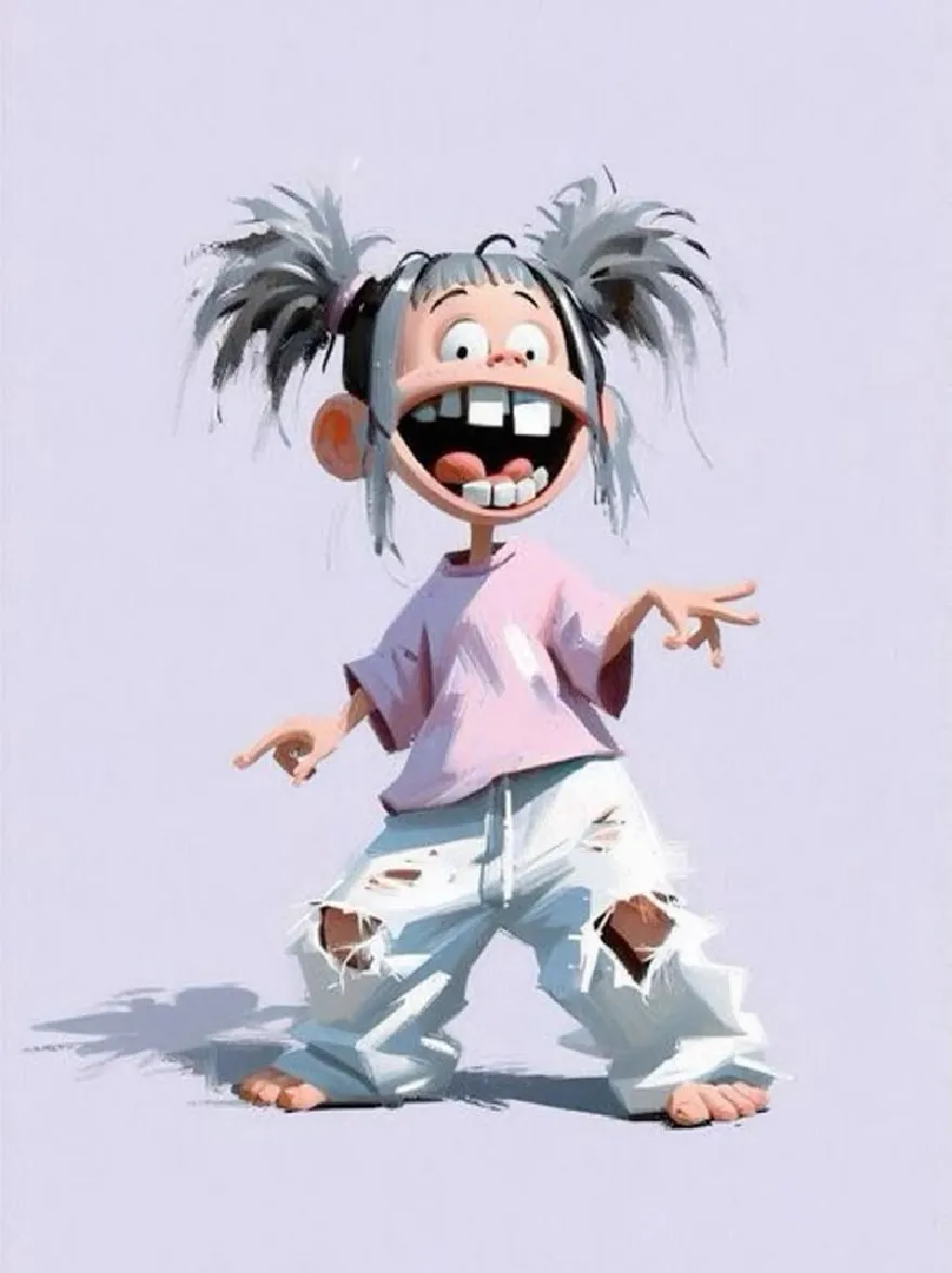 Русский промпт: Милая иллюстрация в стиле мультфильмов молодой девушки с седыми волосами, приготовленными в косичках, в розовой футболке и разорванными белыми джинсами. У нее широкое, озорное выражение с открытым ртом, а зубы широко открываются, показывающие острые зубы. Она стоит с вытянутыми руками до бок, а ноги слегка друг от друга, демонстрируя босые ноги. Фон - простой, светло -серый цвет. Стиль чистый и яркий, с игривой и веселой атмосферой. У девушки веселый и игривый тон. | Original prompt: A cute, cartoon-style illustration of a young girl with gray hair styled in pigtails, wearing a pink t-shirt and ripped white jeans. She has a wide, mischievous expression with her mouth open and teeth wide open, showing sharp teeth. She is standing with her arms stretched out to the sides and her legs slightly apart, showing off her bare feet. The background is a plain, light grey color. The style is clean and vibrant, with a playful and cheerful atmosphere. The girl has a cheerful and playful tone.