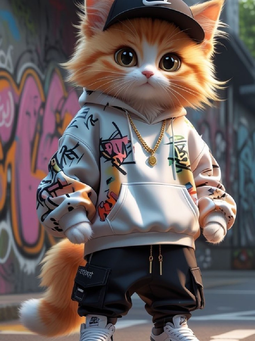 Русский промпт: Симпатичный, антропоморфный кот с оранжевым мехом и большими выразительными глазами, одетый в белую толстовку с красочными рисунками граффити, черными грузовыми штанами и белыми кроссовками. Кошка стоит перед стеной, покрытой граффити, с бейсбольной кепкой на голове. Фон - городская улица с тротуаром и деревьями на расстоянии. Изображение представляет собой трехмерное рендеринг с мультяшным стилем и яркими цветами. | Original prompt: A cute, anthropomorphic cat with orange fur and large, expressive eyes, wearing a white hoodie with colorful graffiti designs, black cargo pants, and white sneakers. The cat is standing in front of a graffiti-covered wall, with a baseball cap on its head. The background is a city street with a sidewalk and trees in the distance. The image is a 3D rendering with a cartoonish style and vibrant colors.