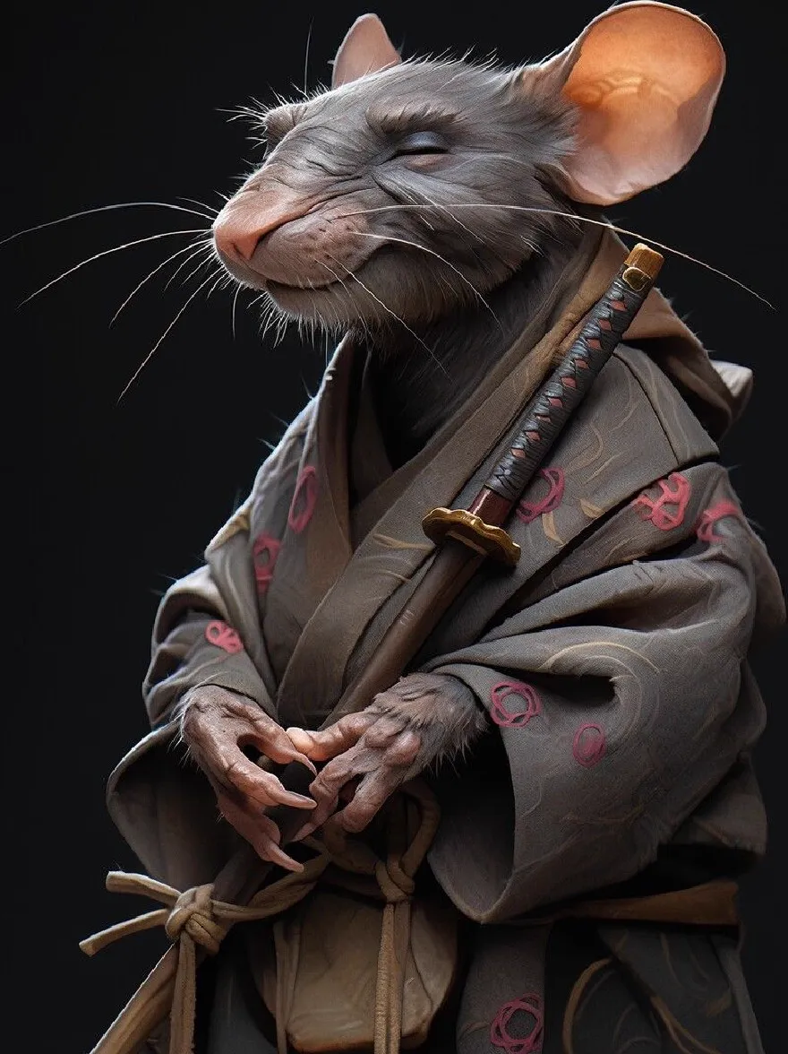 Русский промпт: Высоко детальная цифровая иллюстрация персонажа крыс с серьезным выражением, носив традиционное японское кимоно со сложными узорами и катана, опираясь на грудь. У крысы есть светло -серое меховое покрытие с розовыми узорами, а ее глаза закрыты, придавая ей мирный и созерцательный вид. Фон представляет собой твердый черный, обеспечивающий резкий контраст с гладким и утонченным внешним видом крысы. Стиль реалистичен и детализирован, с акцентом на текстуры и затенение. | Original prompt: A highly detailed digital illustration of a rat character with a serious expression, wearing a traditional Japanese kimono with intricate patterns and a katana resting on its chest. The rat has a light grey fur coat with pink patterns, and its eyes are closed, giving it a peaceful and contemplative look. The background is a solid black, providing a stark contrast to the rat's sleek and sophisticated appearance. The style is realistic and detailed, with a focus on textures and shading.