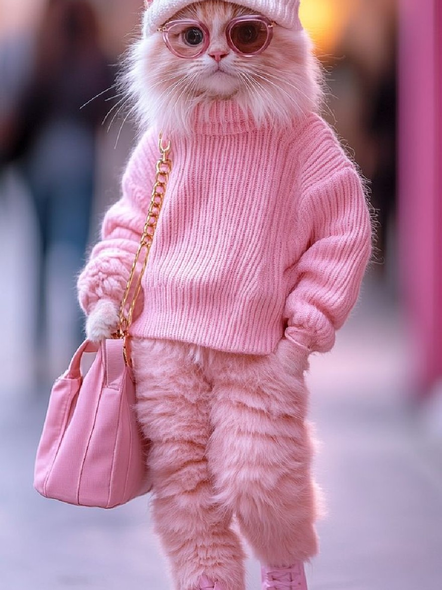 Русский промпт: Симпатичный, антропоморфный кот с розовым вязаным свитером, розовыми брюками и розовыми кроссовками с розовой сумочкой. У кошки пушистое бело -меховое пальто и носит белую вязаную шапочку и круглые солнцезащитные очки. Фон размыт, с мягким, теплым светом, освещающим лицо кошки и тело. Общая эстетика игривая и модная. | Original prompt: A cute, anthropomorphic cat wearing a pink knitted sweater, pink pants, and pink sneakers, carrying a pink handbag. The cat has a fluffy white fur coat and is wearing a white knitted beanie and round sunglasses. The background is blurred, with a soft, warm light illuminating the cat's face and body. The overall aesthetic is playful and fashionable.
