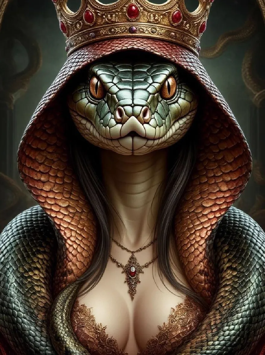 Русский промпт: Высоко детальная, реалистичная цифровая иллюстрация змеиного существа, носящего золотую корону с красными драгоценностями, обернутая вокруг его тела в регене. Змея имеет зеленовато-зеленую текстуру кожи и обрушивается вокруг женщины с длинными черными волосами. Женщина носит красное и золотое платье с погруженным вырезом, который подчеркивает ее большую грудь. Фон темный и украшенный, с круглым зеркалом, отражающим голову и тело змеи. Освещение драматично, подчеркивая сложные детали змеи и наряд женщины. Стиль напоминает фантастическое искусство с оттенком готической изощренности. | Original prompt: A highly detailed, realistic digital illustration of a snake-like creature wearing a golden crown with red jewels, wrapped around its body in a regal manner. The snake has a greenish-green skin texture and is coiled around a woman with long black hair. The woman is wearing a red and gold dress with a plunging neckline that accentuates her large breasts. The background is dark and ornate, with a circular mirror reflecting the snake's head and body. The lighting is dramatic, highlighting the intricate details of the snake and the woman's outfit. The style is reminiscent of fantasy art with a touch of gothic sophistication.