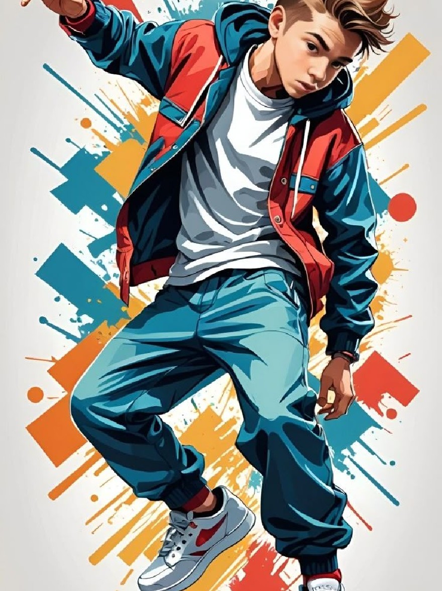 Русский промпт: Яркая иллюстрация в стиле мультипликации молодого человека в танцевальной позе хип-хопа, одетая в красную и синюю куртку, белую футболку, синие брюки и белые кроссовки. У него короткая коричневая прическа и серьезное выражение. Фон состоит из абстрактных геометрических форм в оттенках синего, желтого и красного цвета, с брызгами краски. Стиль напоминает поп -арт, с смелыми линиями и яркими цветами. Человек расположен в центре изображения, а правая нога вытянулась, а левая нога согнулась на колене. | Original prompt: A vibrant, cartoon-style illustration of a young man in a hip hop dance pose, wearing a red and blue jacket, white t-shirt, blue pants, and white sneakers. He has a short, spiky brown hairstyle and a serious expression. The background is composed of abstract geometric shapes in shades of blue, yellow, and red, with splashes of paint. The style is reminiscent of pop art, with bold lines and bright colors. The man is positioned in the center of the image, with his right leg extended and his left leg bent at the knee.