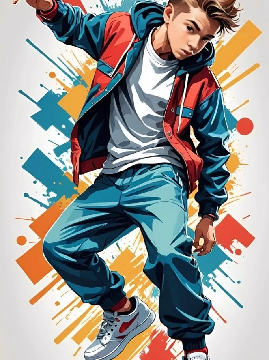 Русский промпт: Яркая иллюстрация в стиле мультипликации молодого человека в танцевальной позе хип-хопа, одетая в красную и синюю куртку, белую футболку, синие брюки и белые кроссовки. У него короткая коричневая прическа и серьезное выражение. Фон состоит из абстрактных геометрических форм в оттенках синего, желтого и красного цвета, с брызгами краски. Стиль напоминает поп -арт, с смелыми линиями и яркими цветами. Человек расположен в центре изображения, а правая нога вытянулась, а левая нога согнулась на колене. | Original prompt: A vibrant, cartoon-style illustration of a young man in a hip hop dance pose, wearing a red and blue jacket, white t-shirt, blue pants, and white sneakers. He has a short, spiky brown hairstyle and a serious expression. The background is composed of abstract geometric shapes in shades of blue, yellow, and red, with splashes of paint. The style is reminiscent of pop art, with bold lines and bright colors. The man is positioned in the center of the image, with his right leg extended and his left leg bent at the knee.
