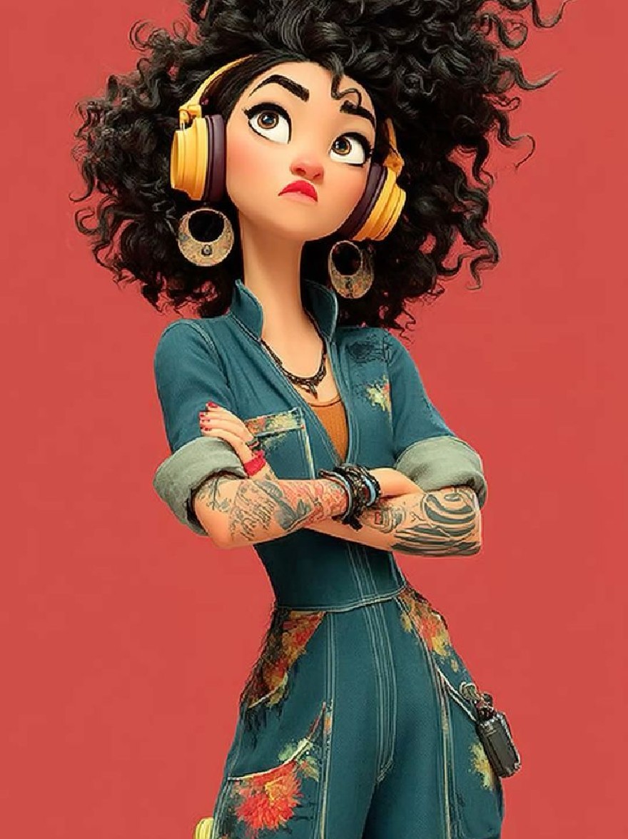 Русский промпт: Цифровая иллюстрация в стиле аниме молодой женщины с вьющимися черными волосами, одетая в бирюзовый комбинезон с цветочными узорами, желтыми наушниками и серьезным выражением. She has tattoos on her arms and is standing with her arms crossed. The background is a solid red color. The woman has a fair skin tone and large, expressive eyes. She is wearing gold hoop earrings and a black necklace. The image has a vibrant and colorful style with a cartoonish feel. | Original prompt: Anime-style digital illustration of a young woman with curly black hair, wearing a teal jumpsuit with floral patterns, yellow headphones, and a serious expression. She has tattoos on her arms and is standing with her arms crossed. The background is a solid red color. The woman has a fair skin tone and large, expressive eyes. She is wearing gold hoop earrings and a black necklace. The image has a vibrant and colorful style with a cartoonish feel.