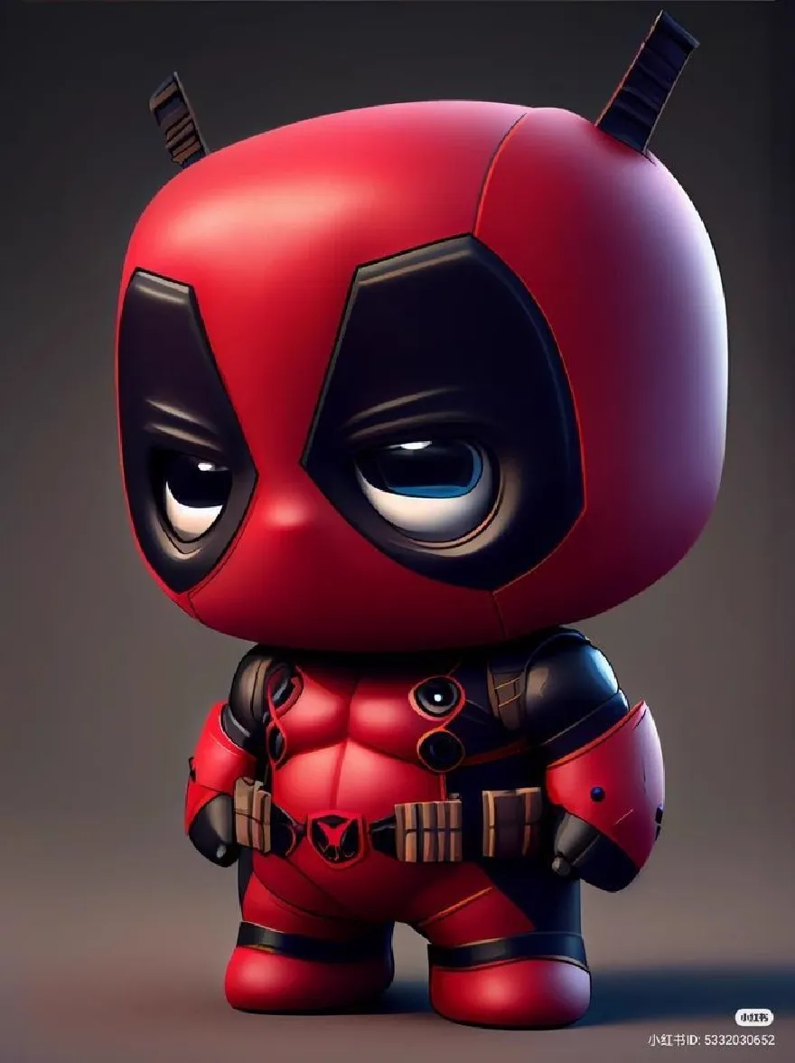 Русский промпт: Высоко детальная цифровая цифровая иллюстрация в стиле Чиби на виниловой фигуре Marvel Comics Deadpool Pop из серии Deadpool. Фигура позируется в динамической позиции, с его руками по бокам, а голова слегка наклонилась в сторону. Он носит красный и черный костюм Deadpool с черной маской и черным поясом с золотой пряжкой. Фон - это простой градиент от темно -светло -серого, придающий изображению чистый и отполированный вид. У персонажа есть большие, выразительные голубые глаза и угрожающее выражение. Стиль очень подробный и отполирован, с акцентом на культовый дизайн персонажа и цветовую схему. В правом нижнем углу есть водяной знак. | Original prompt: A highly detailed, chibi-style digital illustration of a Marvel Comics Deadpool Pop Vinyl figure from the Deadpool series. The figure is posed in a dynamic stance, with its arms at its sides and its head tilted slightly to the side. It is wearing a red and black Deadpool suit with a black mask and a black belt with a gold buckle. The background is a simple gradient of dark to light grey, giving the image a clean and polished look. The character has large, expressive blue eyes and a menacing expression. The style is highly detailed and polished, with a focus on the character's iconic design and color scheme. In the bottom right corner, there is a watermark.