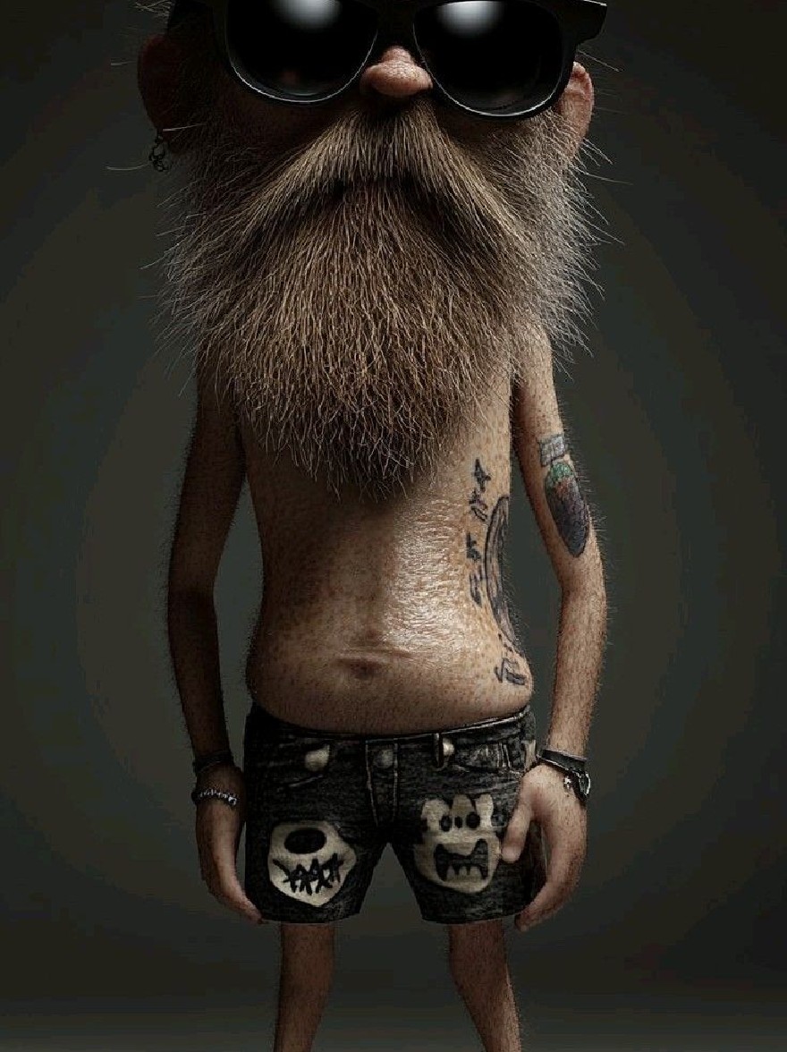 Русский промпт: 3D -рендеринг персонажа мультфильма с длинной густой бородой и усами, носящими черными солнцезащитными очками и черными шортами с черепами и костями, напечатанными на них. He has a muscular build and tattoos on his arms and chest. He stands confidently with his hands in his pockets, looking directly at the viewer with a serious expression. The background is a dark, gradient background with a grungy texture. The character has a hairy, slicked-back hairstyle and a tattoo on his left arm. The lighting is dramatic, highlighting the character's features and the texture of his skin. The style is highly detailed and realistic, with a focus on shading and texture. | Original prompt: A 3D rendering of a cartoon character with a long, thick beard and mustache, wearing black sunglasses and black shorts with skulls and bones printed on them. He has a muscular build and tattoos on his arms and chest. He stands confidently with his hands in his pockets, looking directly at the viewer with a serious expression. The background is a dark, gradient background with a grungy texture. The character has a hairy, slicked-back hairstyle and a tattoo on his left arm. The lighting is dramatic, highlighting the character's features and the texture of his skin. The style is highly detailed and realistic, with a focus on shading and texture.