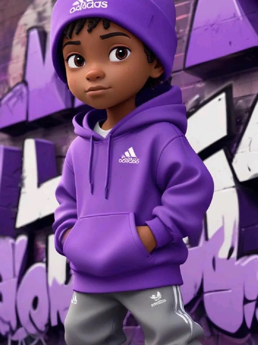 Русский промпт: 3D-рендеринг молодого афроамериканского мальчика, одетого в фиолетовый толстовку adidas, серые брюки Adidas и соответствующую фиолетовую шапочку с Pom-pom. У него серьезное выражение и стоит перед стеной, покрытой граффити. У мальчика короткие, темные волосы и карие глаза. Он носит белые кроссовки adidas. Изображение высокое качество и имеет игривый, мультяшный стиль. | Original prompt: A 3D rendering of a young African-American boy wearing a purple Adidas hoodie, grey Adidas track pants, and a matching purple beanie with a pom-pom. He has a serious expression and is standing in front of a graffiti-covered wall. The boy has short, dark hair and brown eyes. He is wearing white Adidas sneakers. The image is high quality and has a playful, cartoonish style.