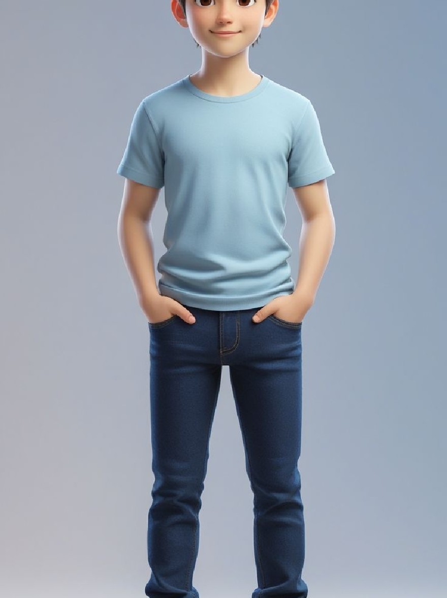 Русский промпт:  | Original prompt: A 3D rendering of a young boy with brown hair, standing with his hands in his pockets, wearing a light blue t-shirt and blue jeans. He has a cheerful expression and is looking directly at the viewer. The background is a simple gradient of light blue and white. The boy is rendered in a realistic style with smooth shading and a slight animation. He is wearing white sneakers. The image is high quality and has a clean, polished look.