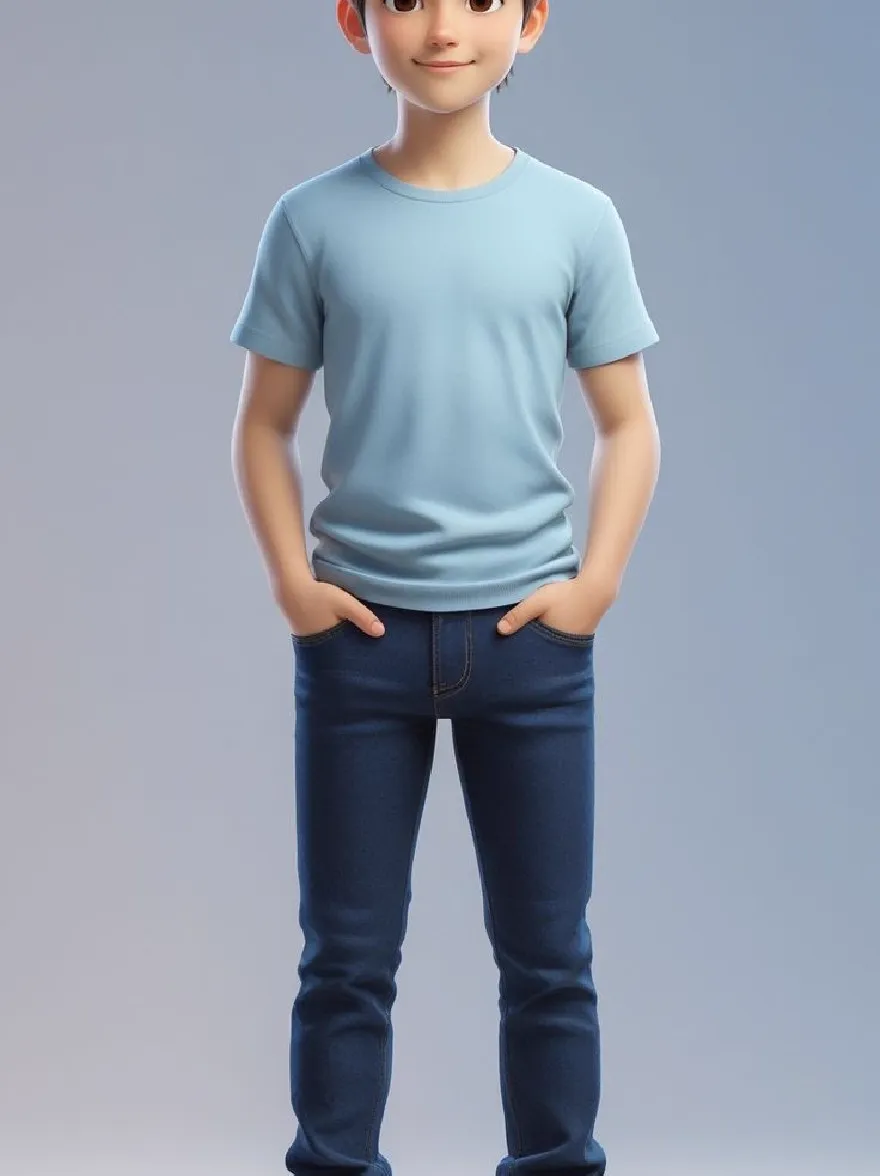 Русский промпт:  | Original prompt: A 3D rendering of a young boy with brown hair, standing with his hands in his pockets, wearing a light blue t-shirt and blue jeans. He has a cheerful expression and is looking directly at the viewer. The background is a simple gradient of light blue and white. The boy is rendered in a realistic style with smooth shading and a slight animation. He is wearing white sneakers. The image is high quality and has a clean, polished look.