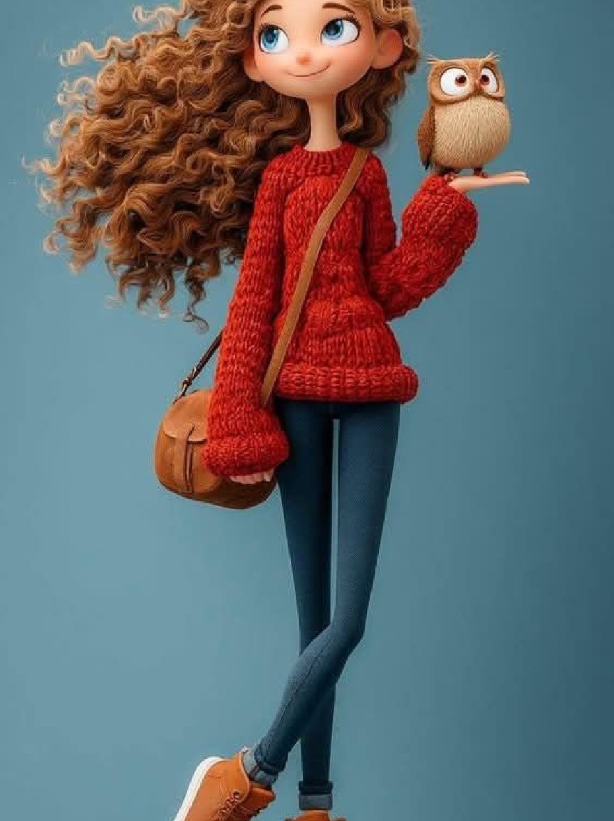 Русский промпт: 3D -рендеринг симпатичной, анимированной девушки с длинными вьющимися каштановыми волосами и голубыми глазами, одетая в красный вязаный свитер, синие джинсы и коричневые кроссовки. Она стоит в середине изображения, держа сову в правой руке. Фон - твердый, синий цвет. У девушки веселое выражение, и она носит маленькую коричневую сумку, перерезанную через плечо. Изображение имеет мягкий, мультяшный стиль с акцентом на персонажа и совы. | Original prompt: A 3D rendering of a cute, animated girl with long, curly brown hair and blue eyes, wearing a red knitted sweater, blue jeans, and brown sneakers. She is standing in the middle of the image, holding an owl in her right hand. The background is a solid, solid blue color. The girl has a cheerful expression and is wearing a small brown bag slung over her shoulder. The image has a soft, cartoonish style with a focus on the character and the owl.