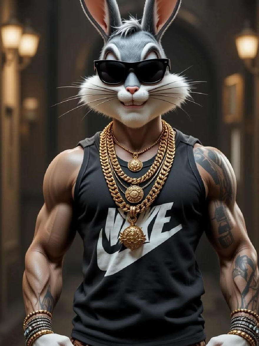 Русский промпт: Мускулистый, антропоморфный персонаж кролика в черной майке Nike и коричневые кожаные штаны, уверенно стоящие в переулке с размытым фоном. У кролика есть серый мех, большие уши, и он носит черные солнцезащитные очки. У него жесткое выражение и украшен несколькими золотыми ожерельями и браслетами. Освещение драматично, подчеркивая его мускулистое телосложение и татуировки на руках и груди. Изображение очень подробно и реалистично, с акцентом на мышечное телосложение персонажа. | Original prompt: A muscular, anthropomorphic rabbit character wearing a black Nike tank top and brown leather pants, standing confidently in an alleyway with a blurred background. The rabbit has grey fur, large ears, and is wearing black sunglasses. He has a fierce expression and is adorned with multiple gold necklaces and bracelets. The lighting is dramatic, highlighting his muscular physique and tattoos on his arms and chest. The image is highly detailed and realistic, with a focus on the character's muscular physique.