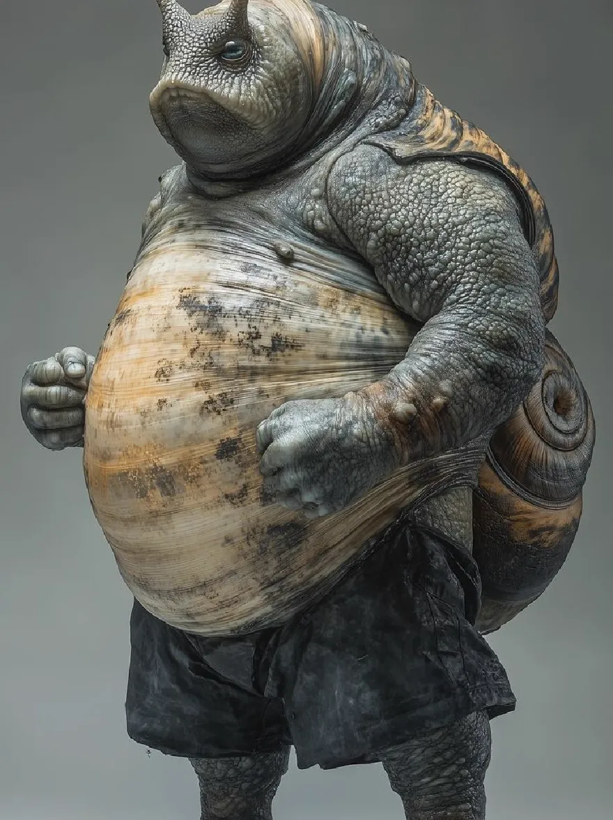 Русский промпт: Высоко подробный, реалистичный образ CGI гигантской гуманоидной улитки с морщинистой оболочкой и снарядом на спине. У улитки есть большой круглый живот, густой хвост и дружеское выражение. Он стоит прямо, скрученными перед ним руками, в паре черных шорт. Фон представляет собой простой, приглушенный серый, обеспечивающий резкий контраст с гладкой, текстурированной оболочкой улитки. Освещение мягкое и равномерное, подчеркивая текстуру и затенение оболочки. | Original prompt: A highly detailed, realistic CGI image of a giant, humanoid snail with a wrinkled shell and a snail shell on its back. The snail has a large, round belly, a bushy tail, and a friendly expression. It is standing upright with its hands clasped together in front of it, wearing a pair of black shorts. The background is a plain, muted grey, providing a stark contrast to the snail's smooth, textured shell. The lighting is soft and even, highlighting the texture and shading of the shell.