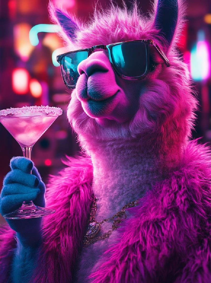 Русский промпт: Красочный, неоновый фон с ламой в солнцезащитных очках и меховом пальто, держащем розовый коктейль в правой руке. У ламы дружелюбное выражение и носит золотую цепь на шее. Фон заполнен яркими неоновыми огнями в оттенках розового, синего и фиолетового, создавая дископодобную атмосферу. | Original prompt: A colorful, neon-lit background featuring a llama wearing sunglasses and a fur coat, holding a pink cocktail in its right hand. The llama has a friendly expression and is wearing a gold chain around its neck. The background is filled with vibrant neon lights in shades of pink, blue, and purple, creating a disco-like atmosphere.
