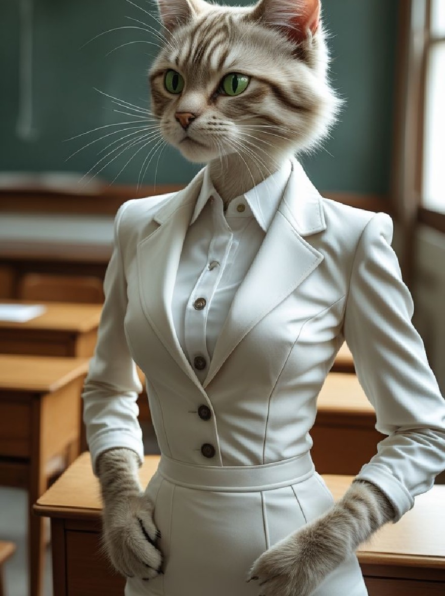 Русский промпт: Фото кошки в белом костюме, стоящая в классе с зеленой классной доской на заднем плане. Кошка имеет светло -коричневый мех с более темными полосками, зелеными глазами и серьезным выражением. Костюм адаптирован для идеального соответствия кошки, с единственной кнопкой закрытием на талии. Женщина стоит с руками на бедрах, оглядываясь в сторону. В классе есть деревянные столы и стулья, а освещение мягкое и естественное. Общее настроение профессионально и сложное. | Original prompt: Photo of a cat wearing a white suit, standing in a classroom with a green chalkboard in the background. The cat has light brown fur with darker stripes, green eyes, and a serious expression. The suit is tailored to fit the cat perfectly, with a single button closure at the waist. The woman is standing with her hands on her hips, looking off to the side. The classroom has wooden desks and chairs, and the lighting is soft and natural. The overall mood is professional and sophisticated.