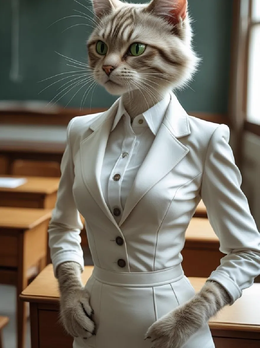 Русский промпт: Фото кошки в белом костюме, стоящая в классе с зеленой классной доской на заднем плане. Кошка имеет светло -коричневый мех с более темными полосками, зелеными глазами и серьезным выражением. Костюм адаптирован для идеального соответствия кошки, с единственной кнопкой закрытием на талии. Женщина стоит с руками на бедрах, оглядываясь в сторону. В классе есть деревянные столы и стулья, а освещение мягкое и естественное. Общее настроение профессионально и сложное. | Original prompt: Photo of a cat wearing a white suit, standing in a classroom with a green chalkboard in the background. The cat has light brown fur with darker stripes, green eyes, and a serious expression. The suit is tailored to fit the cat perfectly, with a single button closure at the waist. The woman is standing with her hands on her hips, looking off to the side. The classroom has wooden desks and chairs, and the lighting is soft and natural. The overall mood is professional and sophisticated.