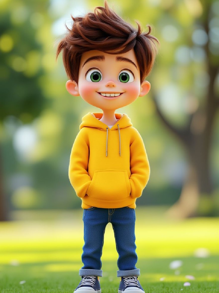 Русский промпт: Фотография симпатичного, оживленного мальчика с коричневыми волосами и зелеными глазами, одетая в желтую толстовку и синие джинсы, стоящие на травянистом поле с размытым фоном зеленых деревьев. У него веселое выражение с большой улыбкой, стоящая на вертикальном положении с его руками, сложенными перед ним. У мальчика есть маленькое круглое лицо и носит черно -белые кроссовки. Освещение яркое и естественное, с мягким, размытым эффектом. Изображение высокое качество и имеет мультипликационный стиль. | Original prompt: Photo of a cute, animated boy with brown hair and green eyes, wearing a yellow hoodie and blue jeans, standing on a grassy field with a blurred background of green trees. He has a cheerful expression with a big smile, standing upright with his hands clasped in front of him. The boy has a small, round face and is wearing black and white sneakers. The lighting is bright and natural, with a soft, blurred effect. The image is high quality and has a cartoonish style.