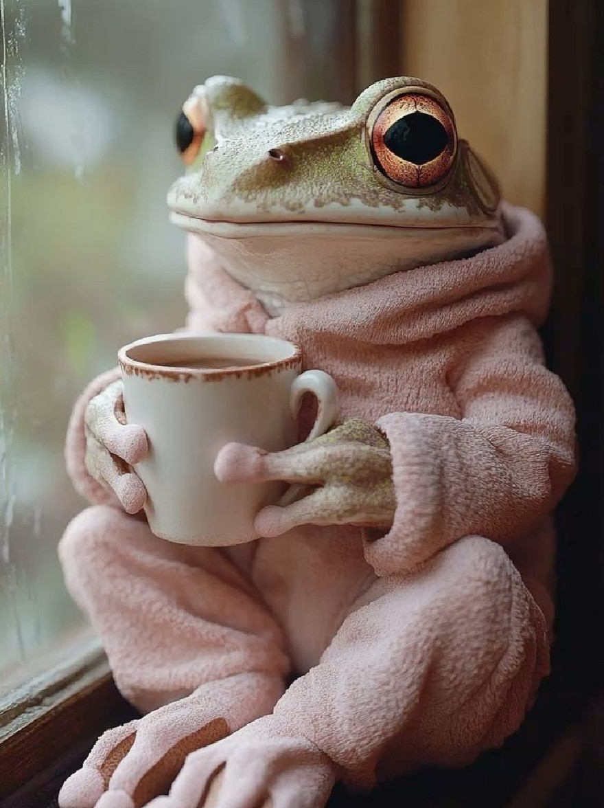 Русский промпт: Фотография зеленой лягушки, сидящей на подоконнике, держа в руках белую чашку. Лягушка носит розовый, нечеткий халат, который набит над его телом, и ее большие, выразительные глаза смотрят прямо на зрителя. Фон размыт, но, похоже, это солнечный день, с дождевыми каплями, видимыми на стекле. Освещение мягкое и естественное, создавая мирную атмосферу. Изображение имеет безмятежное и причудливое ощущение, с акцентом на лягушку и его окружение. | Original prompt: A photograph of a green tree frog sitting on a windowsill, holding a white teacup in its hands. The frog is wearing a pink, fuzzy robe, which is draped over its body, and its large, expressive eyes are looking directly at the viewer. The background is blurred, but it appears to be a sunny day, with raindrops visible on the glass. The lighting is soft and natural, creating a peaceful atmosphere. The image has a serene and whimsical feel, with a focus on the frog and its surroundings.