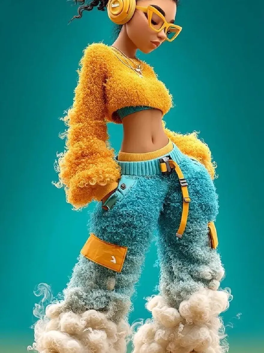 Русский промпт: Стилизованная цифровая иллюстрация молодой афро-американской женщины с пышной фигурой, одетой в желтый укороченный свитер с пушистыми рукавами, синие и белые пушистые штаны и желтые наушники. У нее серьезное выражение, и она уверенно стоит с одной рукой на бедре. Фон представляет собой градиент бирюзового и желтого, с мягкой, нечеткой текстурой. Стиль напоминает моду 80 -х или 90 -х, с смелыми линиями и яркими цветами. Изображение имеет высококачественную, яркую цветовую палитру с игривой и острой атмосферой. | Original prompt: A stylized digital illustration of a young African-American woman with a curvy figure, wearing a yellow cropped sweater with fluffy sleeves, blue and white fluffy pants, and yellow headphones. She has a serious expression and is standing confidently with one hand on her hip. The background is a gradient of teal and yellow, with a soft, fuzzy texture. The style is reminiscent of 80s or 90s fashion, with bold lines and bright colors. The image has a high-quality, vibrant color palette with a playful and edgy vibe.