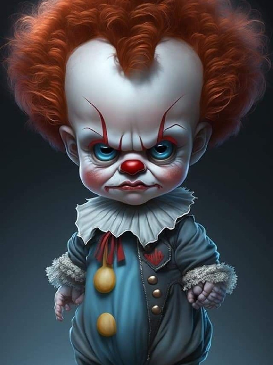 Русский промпт: Высоко детальная цифровая цифровая иллюстрация в стиле Чиби Пеннивейс танцующего клоуна из этого главы второй. У клоуна есть угрожающее выражение с рыжими волосами, голубыми глазами и красным носом. Он носит синий и белый полосатый комбинезон с желтым помпоном на воротнике. У него стройное, белое лицо с красной маркировкой, и его руки сложены перед ним. Фон - темный, градиентный фон с лужей монет на земле. Стиль очень подробный и реалистичный, с акцентом на угрожающую внешность клоуна. | Original prompt: A highly detailed, chibi-style digital illustration of Pennywise the Dancing Clown from IT Chapter Two. The clown has a menacing expression with red hair, blue eyes, and a red nose. He is wearing a blue and white striped jumpsuit with a yellow pom-pom on the collar. He has a slim, white face with red markings, and his hands are clasped together in front of him. The background is a dark, gradient background with a puddle of coins on the ground. The style is highly detailed and realistic, with a focus on the clown's menacing appearance.