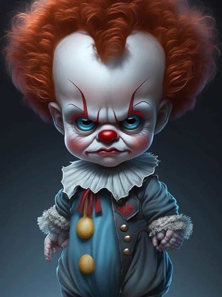 Русский промпт: Высоко детальная цифровая цифровая иллюстрация в стиле Чиби Пеннивейс танцующего клоуна из этого главы второй. У клоуна есть угрожающее выражение с рыжими волосами, голубыми глазами и красным носом. Он носит синий и белый полосатый комбинезон с желтым помпоном на воротнике. У него стройное, белое лицо с красной маркировкой, и его руки сложены перед ним. Фон - темный, градиентный фон с лужей монет на земле. Стиль очень подробный и реалистичный, с акцентом на угрожающую внешность клоуна. | Original prompt: A highly detailed, chibi-style digital illustration of Pennywise the Dancing Clown from IT Chapter Two. The clown has a menacing expression with red hair, blue eyes, and a red nose. He is wearing a blue and white striped jumpsuit with a yellow pom-pom on the collar. He has a slim, white face with red markings, and his hands are clasped together in front of him. The background is a dark, gradient background with a puddle of coins on the ground. The style is highly detailed and realistic, with a focus on the clown's menacing appearance.