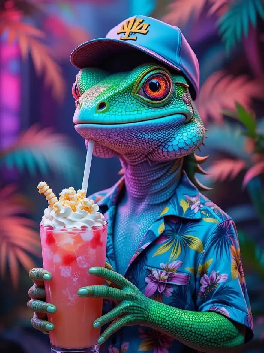 Русский промпт: 3D -рендеринг ящерицы в синей гавайской рубашке с цветочным рисунком с розовым молочным коктейлем со взбитыми сливками и соломенной. Ящерица имеет рептилий, похожий на рептилий, с зелеными чешуйками и большими, выразительными глазами. Он носит бейсбольную кепку со словом «джаз» на нем. Фон представляет собой яркую, неоновую тропическую обстановку с пальмами и неоновым знаком, который гласит «zzj». Ящерица стоит в центре изображения, и фон слегка размыт. Освещение яркое и яркое, с научно-фантастической эстетикой. | Original prompt: A 3D rendering of a lizard wearing a blue Hawaiian shirt with a floral pattern, holding a pink milkshake with whipped cream and a straw. The lizard has a reptile-like appearance, with green scales and large, expressive eyes. It is wearing a baseball cap with the word "Jazz" on it. The background is a vibrant, neon-lit tropical setting with palm trees and a neon sign that reads "ZZJ". The lizard is standing in the center of the image, with the background slightly blurred. The lighting is bright and vivid, with a sci-fi aesthetic.