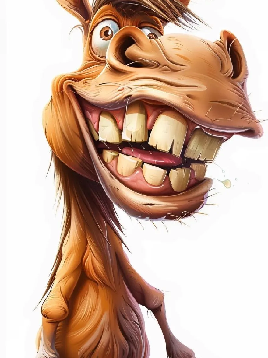 Русский промпт:  | Original prompt: A cartoon-style illustration of a brown horse with a mischievous expression, standing on its hind legs with its front paws in the air. Its mane is long and flowing, and its eyes are wide open, as if it is laughing. Its mouth is slightly open, revealing sharp, yellow teeth. The background is plain white, and there is a small amount of dirt around the horse's hooves. The horse has a playful and energetic feel to it.