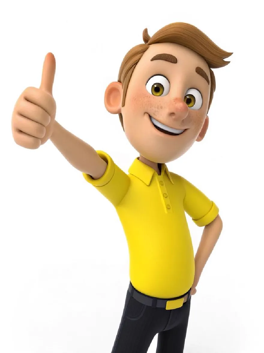 Русский промпт: 3D-рендеринг молодого человека с веселым выражением, давая палец вверх жестом. У него короткие каштановые волосы, карие глаза и дружелюбная улыбка. На нем ярко -желтая рубашка поло и черные брюки. Фон просто белый, а изображение является высококачественной цифровой иллюстрацией. Человек расположен в центре изображения, а правая рука опирается на бедро и левую руку на бедре. Изображение имеет гладкую, полированную текстуру и отображается в мультяшном стиле. | Original prompt: A 3D rendering of a young man with a cheerful expression, giving a thumbs-up gesture. He has short brown hair, brown eyes, and a friendly smile. He is wearing a bright yellow polo shirt and black pants. The background is plain white, and the image is a high-quality digital illustration. The man is positioned in the center of the image, with his right hand resting on his hip and his left hand on his thigh. The image has a smooth, polished texture and is rendered in a cartoonish style.
