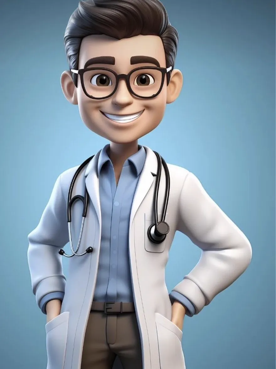 Русский промпт: 3D-рендеринг мужского доктора в стиле мультфильма с веселым выражением, одетый в белый лабораторный халат со стетоскопом на шее, стоящим руками в карманах. He has dark brown hair styled in a short, slicked-back manner, brown eyes, and a friendly smile. He is wearing a light blue collared shirt underneath the lab coat. The background is a solid blue gradient. The image is highly detailed and colorful, with a focus on the character's cheerful expression. | Original prompt: A 3D rendering of a cartoon-style male doctor with a cheerful expression, wearing a white lab coat with a stethoscope around his neck, standing with his hands in his pockets. He has dark brown hair styled in a short, slicked-back manner, brown eyes, and a friendly smile. He is wearing a light blue collared shirt underneath the lab coat. The background is a solid blue gradient. The image is highly detailed and colorful, with a focus on the character's cheerful expression.