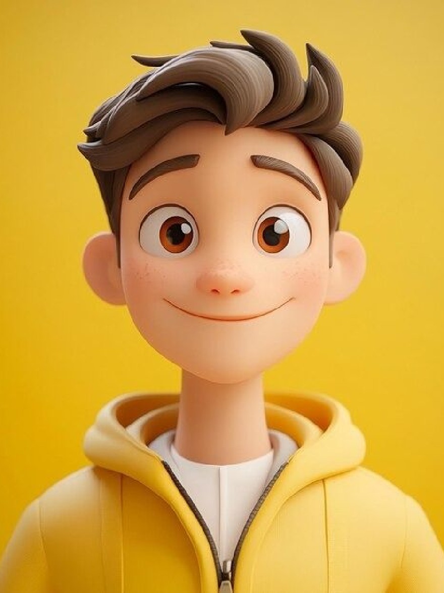 Русский промпт: 3D -рендеринг молодого мальчика с веселым выражением, одетый в ярко -желтую толстовку с застежкой на молнии. У него короткие волнистые каштановые волосы и большие, выразительные карие глаза. Фон - твердый, ярко -желтый, обеспечивающий яркий контраст с веселым выражением мальчика. Изображение высокое качество, с гладкой, отполированной отделкой. | Original prompt: A 3D rendering of a young boy with a cheerful expression, wearing a bright yellow hoodie with a zipper down the front. He has short, wavy brown hair and large, expressive brown eyes. The background is a solid, bright yellow, providing a vivid contrast to the boy's cheerful expression. The image is high quality, with a smooth, polished finish.