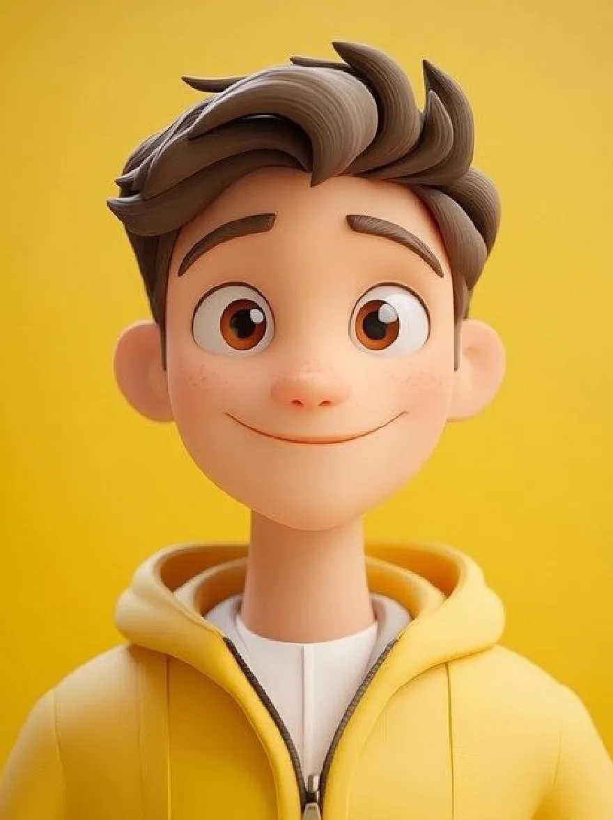 Русский промпт: 3D -рендеринг молодого мальчика с веселым выражением, одетый в ярко -желтую толстовку с застежкой на молнии. У него короткие волнистые каштановые волосы и большие, выразительные карие глаза. Фон - твердый, ярко -желтый, обеспечивающий яркий контраст с веселым выражением мальчика. Изображение высокое качество, с гладкой, отполированной отделкой. | Original prompt: A 3D rendering of a young boy with a cheerful expression, wearing a bright yellow hoodie with a zipper down the front. He has short, wavy brown hair and large, expressive brown eyes. The background is a solid, bright yellow, providing a vivid contrast to the boy's cheerful expression. The image is high quality, with a smooth, polished finish.