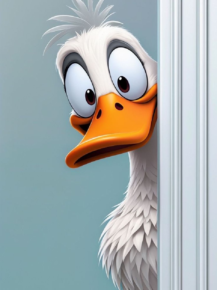 Русский промпт: A cartoon duck peeking out from behind a white door frame, with a surprised expression. The duck has a white feathered head, an orange beak, and large, expressive eyes. Фон представляет собой простой градиент светло -голубого до голубого, а утка расположена в центре рамы, заглядывая через край дверной рамы. The image is a digital illustration in a flat, cartoonish style with bright colors and exaggerated features. | Original prompt: A cartoon duck peeking out from behind a white door frame, with a surprised expression. The duck has a white feathered head, an orange beak, and large, expressive eyes. The background is a simple gradient of light blue to light blue, and the duck is positioned in the center of the frame, peeking over the edge of the door frame. The image is a digital illustration in a flat, cartoonish style with bright colors and exaggerated features.