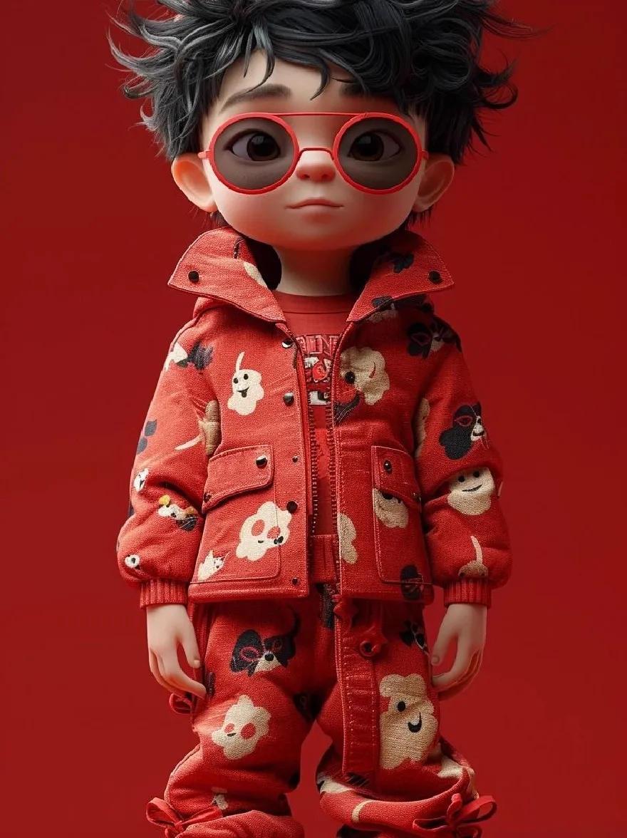 Русский промпт: 3D-рендеринг симпатичной куклы в стиле чиби с короткими, колючими черными волосами и большими круглыми, красными солнцезащитными очками. Кукла носит красный рисунок наряд с принтом для медведя, состоящей из куртки и брюк, в сочетании с красными кроссовками. Фон представляет собой твердый, красный цвет, обеспечивающий поразительный контраст с одеждой куклы. Персонаж имеет нейтральное выражение и позиционируется в положении стоя, одной рукой на бедре, а другая удерживает куртку. Общий стиль игривый и острый, с акцентом на уникальные функции и аксессуары персонажа. | Original prompt: A 3D rendering of a cute, chibi-style doll with short, spiky black hair and large, round, red sunglasses. The doll is wearing a red, patterned outfit with a bear print, consisting of a jacket and pants, paired with red sneakers. The background is a solid, solid red color, providing a striking contrast to the doll's outfit. The character has a neutral expression and is posed in a standing position, with one hand on its hip and the other holding the jacket open. The overall style is playful and edgy, with a focus on the character's unique features and accessories.