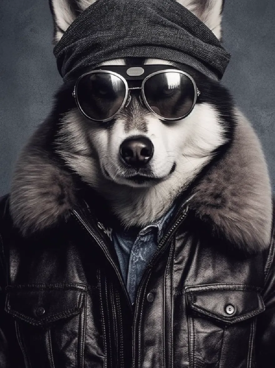 Русский промпт: Фотография собаки хаски в солнцезащитных очках и шапочке, одетая в черную кожаную куртку с меховым воротником. Мех собаки белый и серый, и ее глаза смотрят прямо на зрителя. Фон - темно -серый градиент, а общее настроение утончено и острое. Изображение в черно -белом, с акцентом на лицо собаки и одежду. | Original prompt: Photograph of a husky dog wearing sunglasses and a beanie, wearing a black leather jacket with a fur collar. The dog's fur is white and grey, and its eyes are looking directly at the viewer. The background is a dark grey gradient, and the overall mood is sophisticated and edgy. The image is in black and white, with a focus on the dog's face and clothing.