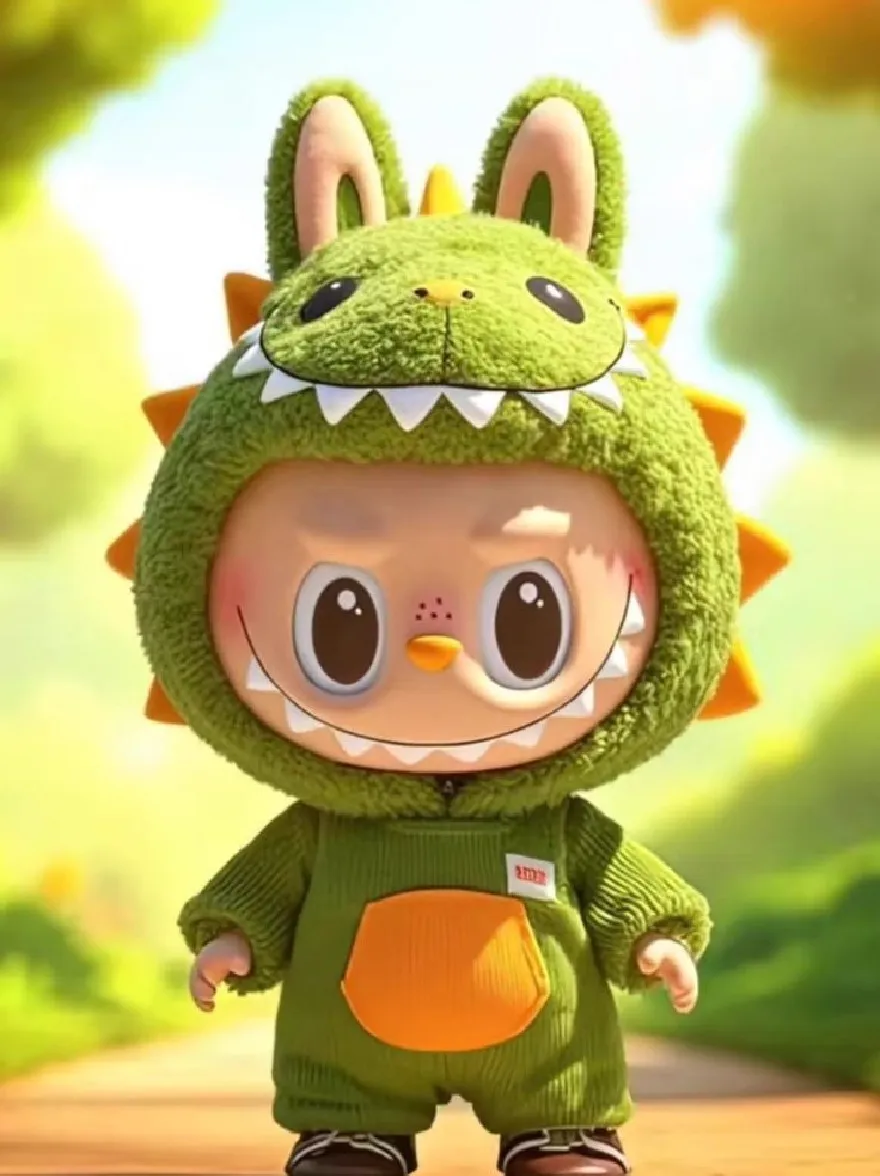 Русский промпт:  | Original prompt: A cute, chibi-style digital illustration of a small, chubby, round child with big, expressive eyes and a small nose, wearing a green knitted monster costume with a hood and an orange pocket. The child is standing on a dirt path in a sunny, green park with trees and a bright blue sky in the background. The character has a friendly expression with sharp teeth and a mischievous grin. The style is whimsical and playful, with a soft, pastel color palette. The image is high quality and has a playful, cartoonish feel.