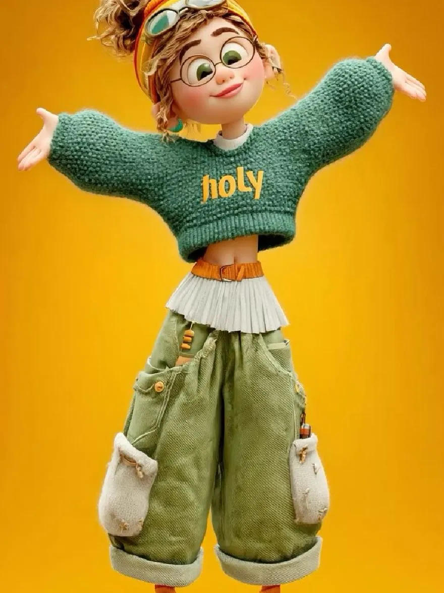 Русский промпт: A 3D rendering of a cartoon character with curly brown hair, wearing a green knitted sweater with the word "holy" written in yellow, a white pleated skirt, green corduroy pants with pockets, and white sneakers. У нее есть очки и желтая повязка на голову с очками на голове. Она стоит с вытянутыми руками по бокам, широко улыбаясь. Фон - твердый желтый цвет. Персонаж имеет игривое и веселое выражение. В правом нижнем углу есть водяной знак. | Original prompt: A 3D rendering of a cartoon character with curly brown hair, wearing a green knitted sweater with the word "holy" written in yellow, a white pleated skirt, green corduroy pants with pockets, and white sneakers. She has glasses and a yellow headband with goggles on her head. She is standing with her arms stretched out to the sides, smiling broadly. The background is a solid yellow color. The character has a playful and cheerful expression. There is a watermark in the bottom right corner.