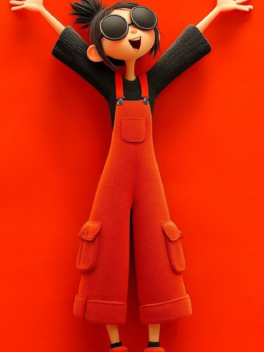 Русский промпт:  | Original prompt: A cartoon character with a cheerful expression, wearing oversized black sunglasses and red overalls, standing against a bright red wall with her arms stretched out wide. She has short, spiky black hair, a round face, and a small, round nose. She is wearing a black sweater with pockets and white sneakers. The background is simple and minimalistic, with no other objects or decorations. The character is positioned in the center of the image, with a wooden floor visible at the bottom. The image has a high-quality, animated style with a playful and cheerful atmosphere.