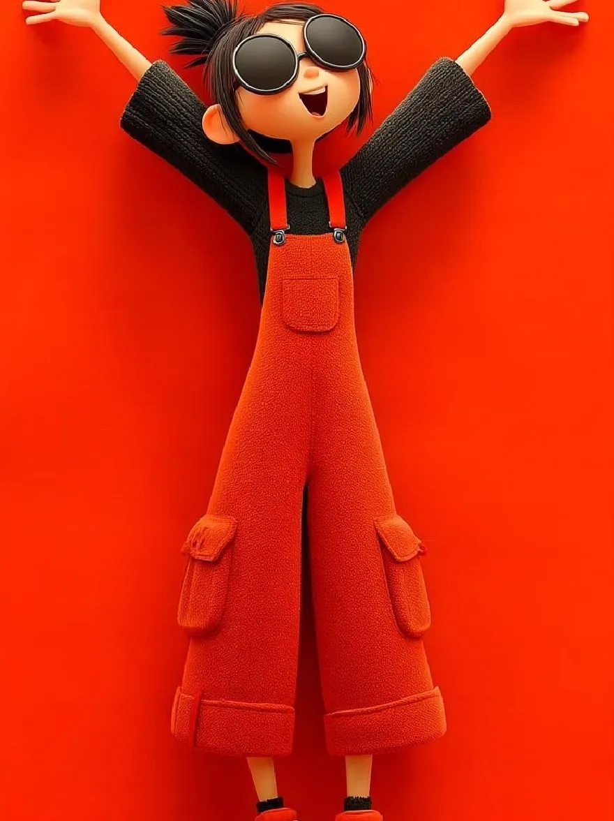 Русский промпт:  | Original prompt: A cartoon character with a cheerful expression, wearing oversized black sunglasses and red overalls, standing against a bright red wall with her arms stretched out wide. She has short, spiky black hair, a round face, and a small, round nose. She is wearing a black sweater with pockets and white sneakers. The background is simple and minimalistic, with no other objects or decorations. The character is positioned in the center of the image, with a wooden floor visible at the bottom. The image has a high-quality, animated style with a playful and cheerful atmosphere.