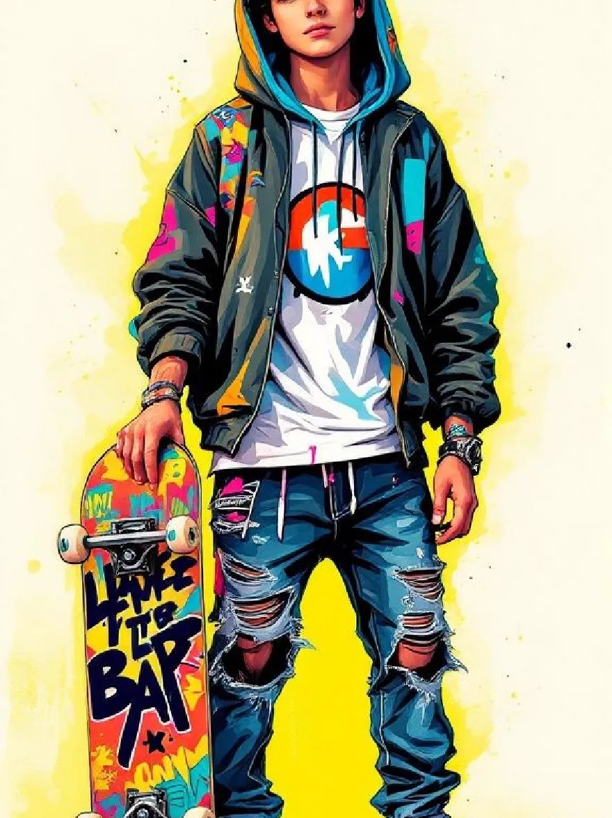 Русский промпт: Яркая, мультипликационная иллюстрация молодого человека с серьезным выражением, уверенно стоит со скейтбордом перед ним. У него коричневые, вьющиеся волосы с белой футболкой с синим графическим дизайном, рваными синими джинсами и зеленой курткой с капюшоном с красочными пятнами. Фон ярко -желтый с брызгами желтого и розового, давая игривую и острую атмосферу. Стиль напоминает поп -арт, с смелыми линиями и яркими цветами. Человек расположен в центре изображения, а скейтборд прочно удерживается в левой руке. | Original prompt: A vibrant, cartoon-style illustration of a young man with a serious expression, standing confidently with a skateboard in front of him. He has a brown, curly hair, wearing a white t-shirt with a blue graphic design, ripped blue jeans, and a green hooded jacket with colorful patches. The background is a bright yellow with splashes of yellow and pink, giving a playful and edgy vibe. The style is reminiscent of pop art, with bold lines and bright colors. The man is positioned in the center of the image, with the skateboard held firmly in his left hand.