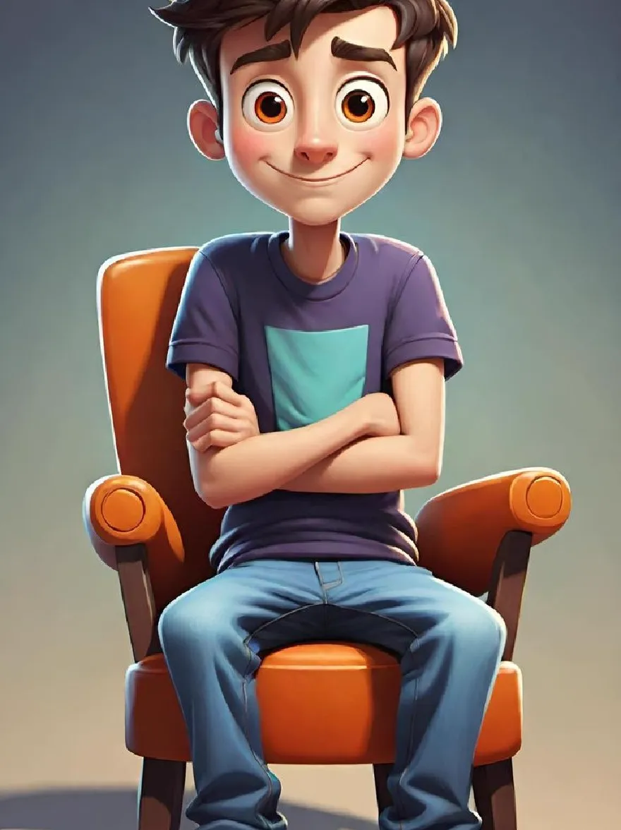 Русский промпт: Очень подробная цифровая цифровая иллюстрация в стиле мультипликации молодого мальчика с веселым выражением, сидя в апельсиновом офисном кресле со скрещенными руками. He has short, wavy brown hair and large, expressive brown eyes. He is wearing a purple t-shirt with a teal pocket and blue jeans, paired with red sneakers. The background is a gradient of soft, muted colors, with a subtle gradient effect. The boy is positioned in the center of the image, facing the viewer with a slight smile on his face. The image has a soft, smooth texture and vibrant colors. The artist's signature "dream.ai" is in the bottom left corner. | Original prompt: A highly detailed, cartoon-style digital illustration of a young boy with a cheerful expression, sitting in an orange office chair with his arms crossed. He has short, wavy brown hair and large, expressive brown eyes. He is wearing a purple t-shirt with a teal pocket and blue jeans, paired with red sneakers. The background is a gradient of soft, muted colors, with a subtle gradient effect. The boy is positioned in the center of the image, facing the viewer with a slight smile on his face. The image has a soft, smooth texture and vibrant colors. The artist's signature "dream.ai" is in the bottom left corner.