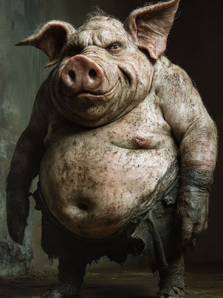 Русский промпт: Высоко детализированный, реалистичный изображение CGI жирной, антропоморфной свиньи с морщинистым, морщинистым лицом и большими ушами, уверенно стоит в туманно освещенной промышленной обстановке с бетонной стеной и ржавым полом. The pig has a mischievous expression, with its mouth slightly open and its eyes narrowed in a smirk. Its body is wrinkled and covered in dirt and grime, giving it an aged and weathered appearance. The lighting is dramatic, highlighting the pig's features and emphasizing its ruggedness. The overall mood is one of strength and resilience. | Original prompt: A highly detailed, realistic CGI image of a fat, anthropomorphic pig with a wrinkled, wrinkled face and large ears, standing confidently in a dimly lit, industrial setting with a concrete wall and a rusty floor. The pig has a mischievous expression, with its mouth slightly open and its eyes narrowed in a smirk. Its body is wrinkled and covered in dirt and grime, giving it an aged and weathered appearance. The lighting is dramatic, highlighting the pig's features and emphasizing its ruggedness. The overall mood is one of strength and resilience.