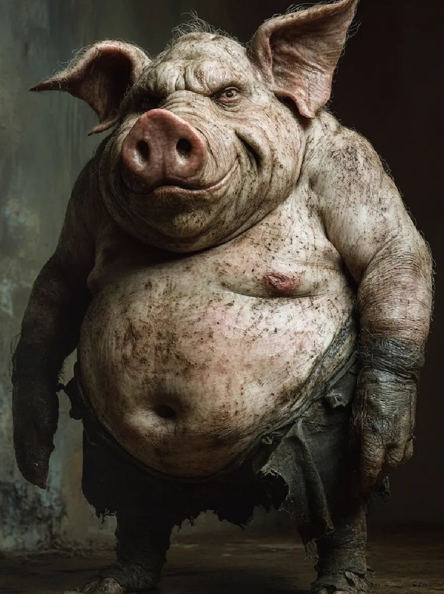 Русский промпт: Высоко детализированный, реалистичный изображение CGI жирной, антропоморфной свиньи с морщинистым, морщинистым лицом и большими ушами, уверенно стоит в туманно освещенной промышленной обстановке с бетонной стеной и ржавым полом. The pig has a mischievous expression, with its mouth slightly open and its eyes narrowed in a smirk. Its body is wrinkled and covered in dirt and grime, giving it an aged and weathered appearance. The lighting is dramatic, highlighting the pig's features and emphasizing its ruggedness. The overall mood is one of strength and resilience. | Original prompt: A highly detailed, realistic CGI image of a fat, anthropomorphic pig with a wrinkled, wrinkled face and large ears, standing confidently in a dimly lit, industrial setting with a concrete wall and a rusty floor. The pig has a mischievous expression, with its mouth slightly open and its eyes narrowed in a smirk. Its body is wrinkled and covered in dirt and grime, giving it an aged and weathered appearance. The lighting is dramatic, highlighting the pig's features and emphasizing its ruggedness. The overall mood is one of strength and resilience.