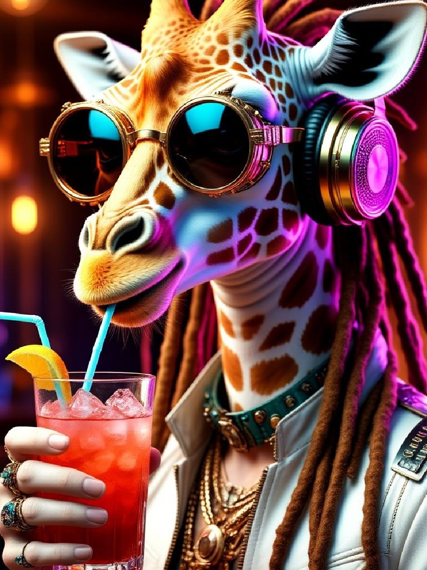 Русский промпт: Яркий неоновый жираф в солнцезащитных очках и белая кожаная куртка, держащая коктейль с соломой и ломтиком лимона. У жирафа длинные многоцветные дреды и носят бирюзовое и золотое ожерелье. Фон представляет собой эффект боке с теплыми, оранжевыми и желтыми оттенками, придающий изображению ретро, психоделическая атмосфера. Освещение яркое и яркое, подчеркивая уникальные черты жирафа и напиток в его руке. | Original prompt: A vibrant, neon-lit giraffe wearing sunglasses and a white leather jacket, holding a cocktail with a straw and a slice of lemon. The giraffe has long, multi-colored dreadlocks and is wearing a turquoise and gold necklace. The background is a bokeh effect with warm, orange and yellow hues, giving the image a retro, psychedelic vibe. The lighting is bright and vivid, highlighting the giraffe's unique features and the drink in its hand.