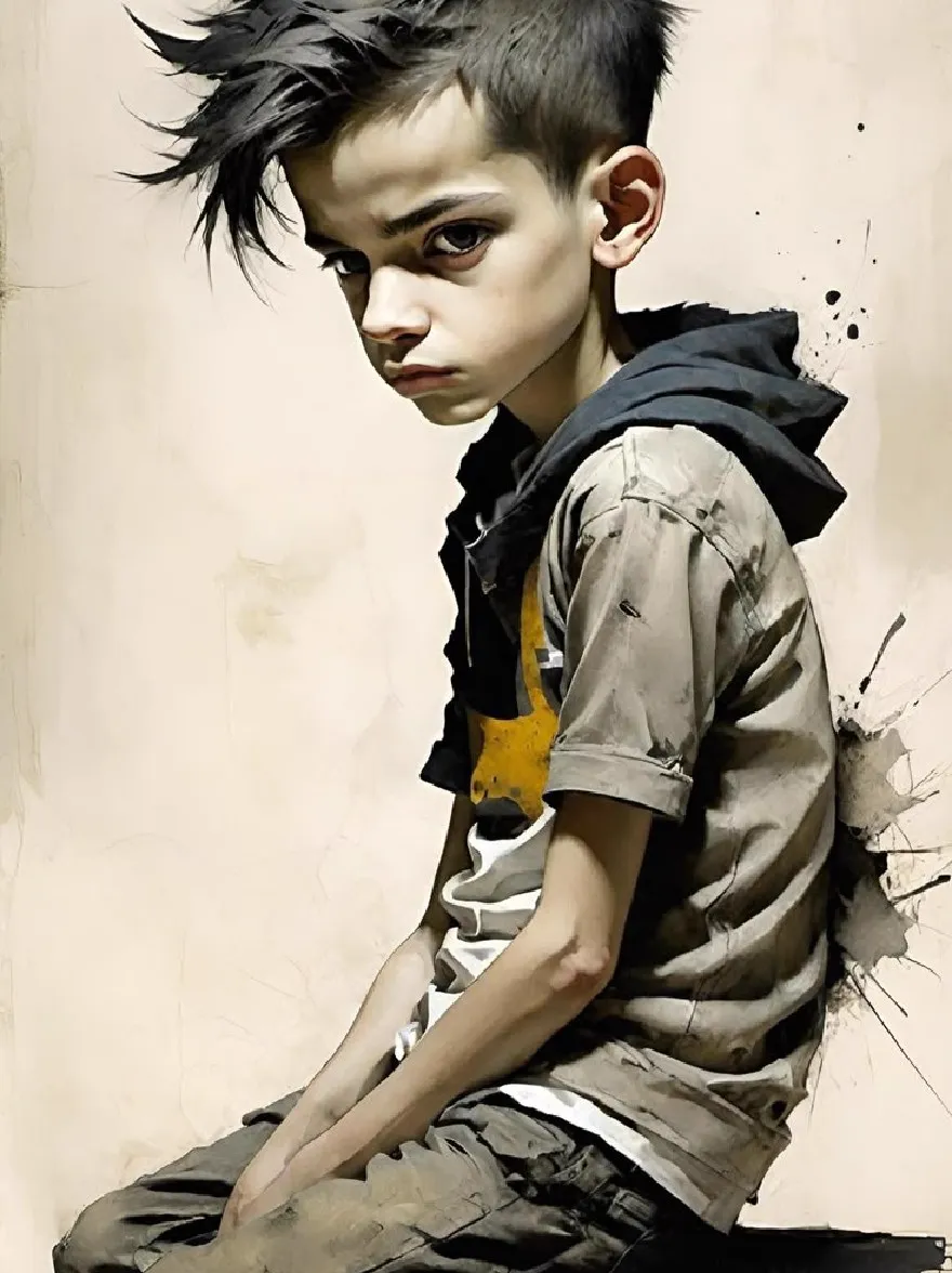 Русский промпт: Цифровая картина молодого мальчика с колючими черными волосами, сидя на табуретке с серьезным выражением. Он носит серую толстовку с желтой символом летучей мыши на груди, белой футболкой внизу и черными брюками. Фон - простой бежевый цвет с брызгами черной краски, создавая впечатление глупого, проблемного взгляда. У мальчика бледный цвет лица и стройное телосложение. Стиль напоминает городское искусство, с смелыми линиями и преувеличенными чертами. Освещение драматичное, подчеркивая черты мальчика и текстуру его одежды. Общее настроение мрачно и созерцает. | Original prompt: A digital painting of a young boy with spiky black hair, sitting on a stool with a serious expression. He is wearing a gray hoodie with a yellow bat symbol on the chest, a white t-shirt underneath, and black pants. The background is a plain beige color with splashes of black paint, giving the impression of a grungy, distressed look. The boy has a pale complexion and a slim physique. The style is reminiscent of urban art, with bold lines and exaggerated features. The lighting is dramatic, highlighting the boy's features and the texture of his clothing. The overall mood is somber and contemplative.