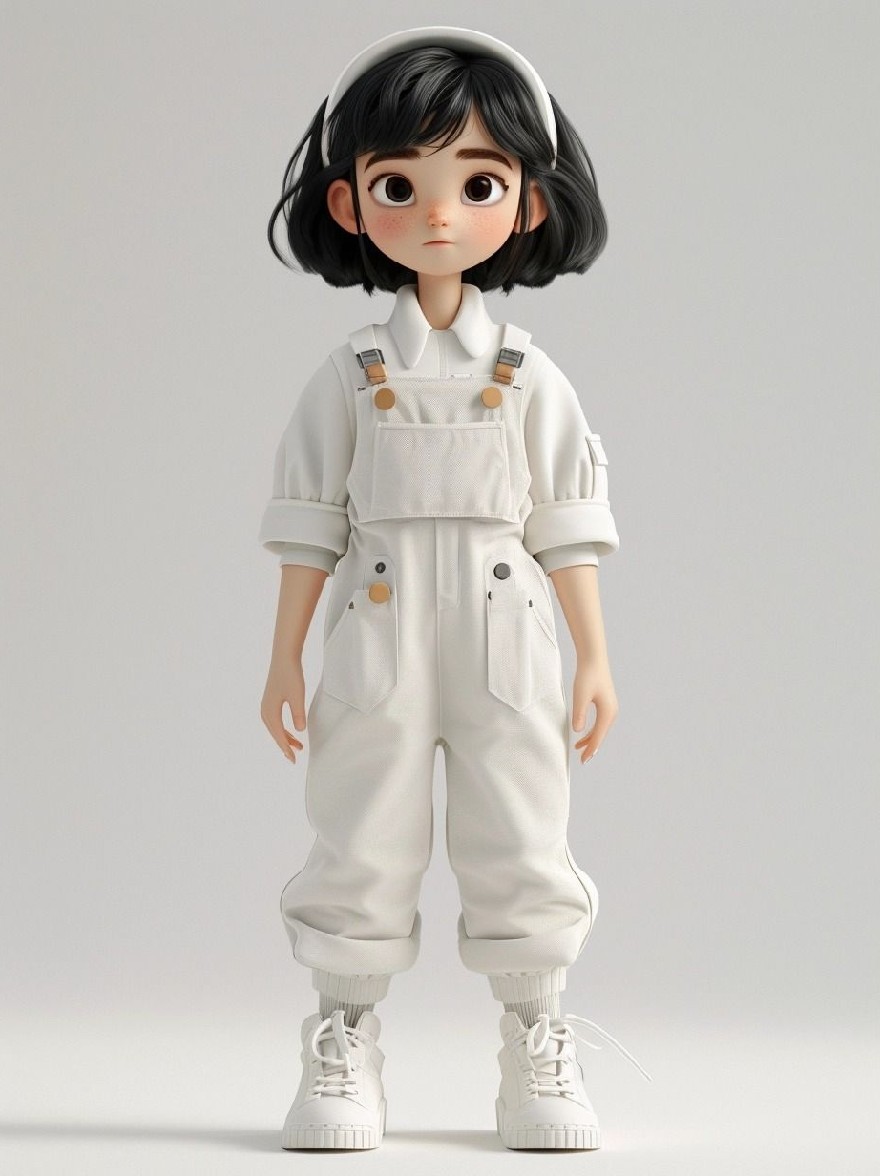 Русский промпт: 3D-рендеринг симпатичной куклы в стиле чиби с короткими черными волосами и карими глазами с белым комбинезом с карманами и белой повязкой. Кукла уверенно стоит одной рукой на бедре, а другая опирается на ее бедро. У нее небольшое круглое лицо с нейтральным выражением. Фон - простой, светло -серый цвет. Изображение имеет чистый, минималистичный стиль с акцентом на функции куклы и одежду. Общая эстетика минималистичная и современная. | Original prompt: A 3D rendering of a cute, chibi-style doll with short black hair and brown eyes, wearing a white jumpsuit with pockets and a white headband. The doll stands confidently with one hand on her hip and the other resting on her thigh. She has a small, round face with a neutral expression. The background is a plain, light grey color. The image has a clean, minimalistic style with a focus on the doll's features and clothing. The overall aesthetic is minimalistic and modern.