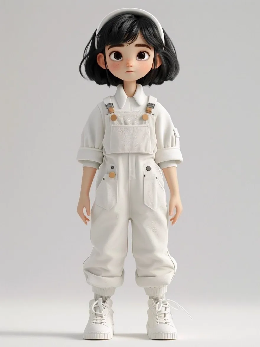Русский промпт: 3D-рендеринг симпатичной куклы в стиле чиби с короткими черными волосами и карими глазами с белым комбинезом с карманами и белой повязкой. Кукла уверенно стоит одной рукой на бедре, а другая опирается на ее бедро. У нее небольшое круглое лицо с нейтральным выражением. Фон - простой, светло -серый цвет. Изображение имеет чистый, минималистичный стиль с акцентом на функции куклы и одежду. Общая эстетика минималистичная и современная. | Original prompt: A 3D rendering of a cute, chibi-style doll with short black hair and brown eyes, wearing a white jumpsuit with pockets and a white headband. The doll stands confidently with one hand on her hip and the other resting on her thigh. She has a small, round face with a neutral expression. The background is a plain, light grey color. The image has a clean, minimalistic style with a focus on the doll's features and clothing. The overall aesthetic is minimalistic and modern.