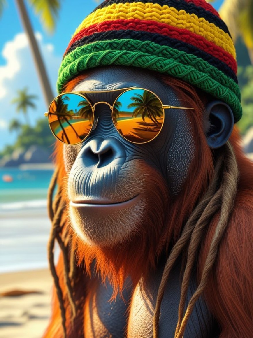 Русский промпт: Очень подробное, реалистичное изображение CGI орангутана в солнцезащитных очках и красочной полосатой шапочки с Pom-Pom, сидя на тропическом пляже с пальмами и ясным голубым небом на заднем плане. Орангутаны имеют длинные, текущие рыжие волосы и смотрят прямо на зрителя с дружеским выражением. Изображение имеет яркий, солнечный день с песчаным пляжем и пальмами на расстоянии. Цвета яркие и яркие, с оттенками синего, зеленого, желтого, красного и черного. Фон слегка размыт, придавая изображению мечтательное, тропическое ощущение. Орангутан является основным предметом, расположенным в центре изображения. | Original prompt: A highly detailed, realistic CGI image of an orangutan wearing sunglasses and a colorful striped beanie with a pom-pom, sitting on a tropical beach with palm trees and a clear blue sky in the background. The orangutans have long, flowing red hair and are looking directly at the viewer with a friendly expression. The image has a bright, sunny day with a sandy beach and palm trees in the distance. The colors are vibrant and vivid, with shades of blue, green, yellow, red, and black. The background is slightly blurred, giving the image a dreamy, tropical feel. The Orangutan is the main subject, positioned in the center of the image.