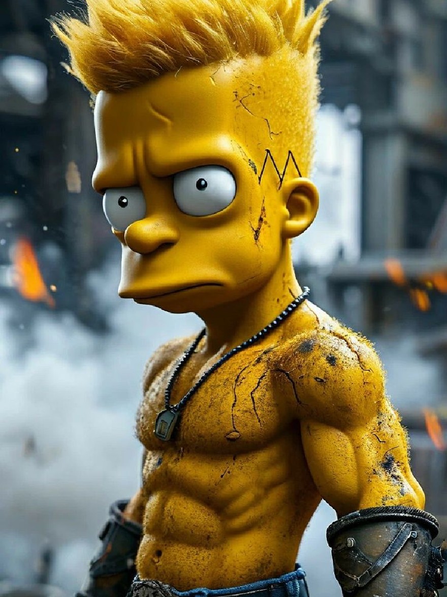 Русский промпт: Фотография мускулистого, желтокожного Барта Симпсона из Симпсонов, с колючей причесом ирокезов и проблемным выражением. На нем голубые джинсы и черный кожаный ремень с серебряной пряжкой. У него мускулистая сборка, и он стоит в тускло освещенной промышленной обстановке с размытым фоном. Освещение драматично, подчеркивая его тонированное телосложение и текстуру его кожи. Изображение имеет водяной знак в правом нижнем углу. | Original prompt: Photo of a muscular, yellow-skinned Bart Simpson from The Simpsons, with a spiky mohawk hairstyle and a distressed expression. He is wearing blue jeans and a black leather belt with a silver buckle. He has a muscular build and is standing in a dimly lit industrial setting with a blurred background. The lighting is dramatic, highlighting his toned physique and the texture of his skin. The image has a watermark in the bottom right corner.