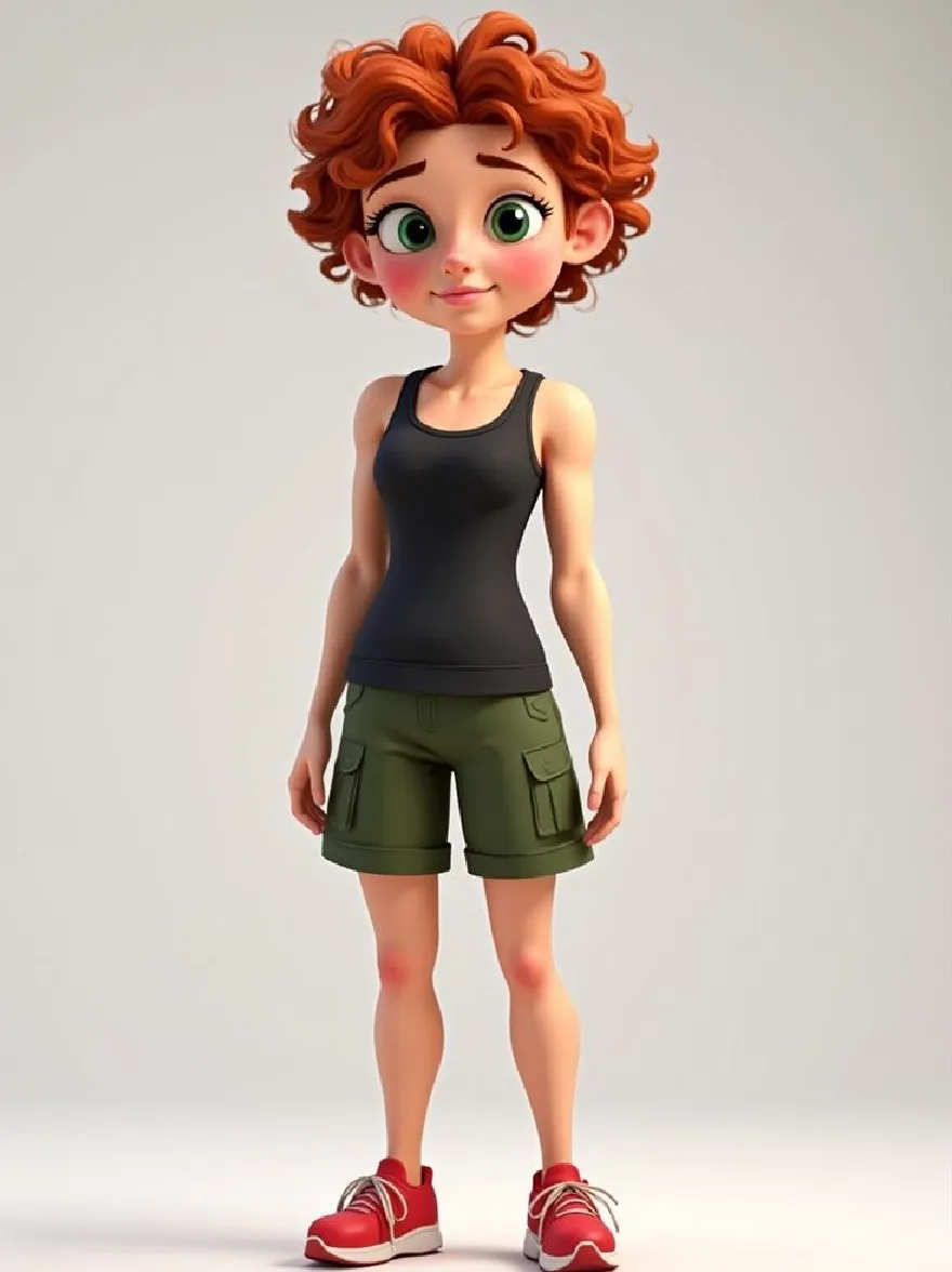 Русский промпт: 3D -рендеринг симпатичной мультфильма с вьющимися рыжими волосами и зелеными глазами, в черной майке и зеленых грузовых шортах, уверенно стоявших руками на бедрах. У нее маленькое круглое лицо с легкой улыбкой и игривым выражением. Фон - простой, светло -серый цвет. Стиль очень подробный и реалистичный, с гладким затенением и яркими цветами. Девушка расположена в центре изображения, и ее все тело обращается к зрителю. | Original prompt: A 3D rendering of a cute cartoon girl with curly red hair and green eyes, wearing a black tank top and green cargo shorts, standing confidently with her hands on her hips. She has a small, round face with a slight smile and a playful expression. The background is a plain, light grey color. The style is highly detailed and realistic, with smooth shading and vibrant colors. The girl is positioned in the center of the image, with her full body facing the viewer.