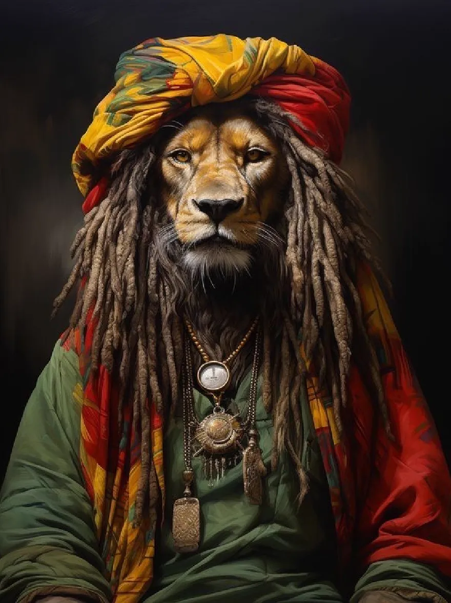 Русский промпт: Фотография льва с дредами в красочном турбане и зеленом и красным нарядом. Лев имеет жесткое выражение и носит несколько ожерелий с подвесками. Фон темный и капризный, с прожектором, сияющим на голове льва. Освещение драматично, бросает тени и подчеркивает его черты. Стиль реалистичен с акцентом на африканскую культуру. | Original prompt: Photograph of a lion with dreadlocks wearing a colorful turban and a green and red outfit. The lion has a fierce expression and is wearing multiple necklaces with pendants. The background is dark and moody, with a spotlight shining on the lion's head. The lighting is dramatic, casting shadows and highlighting his features. The style is realistic with a focus on African culture.